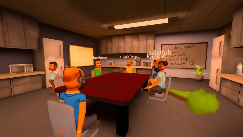 Players gathered at call-center workstations during a game session.